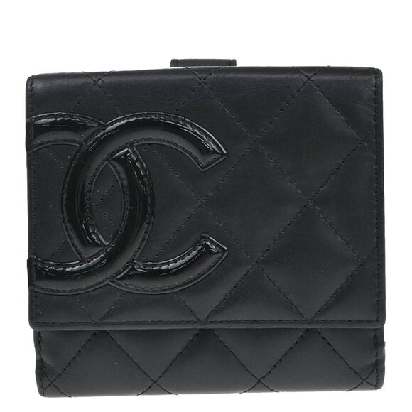 CHANEL CC Logo Cambon Compact Wallet Patent Leather Black Pink Spain 70EF339 - Picture 1 of 16
